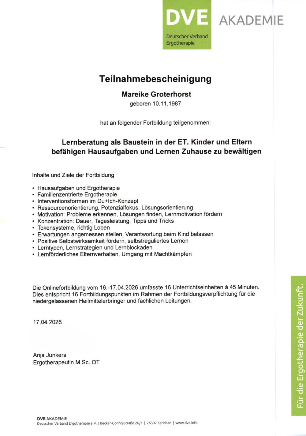 Fortbildung Lernberatung in der Ergotherapie - Zum Vergrößern bitte auf das Bild klicken