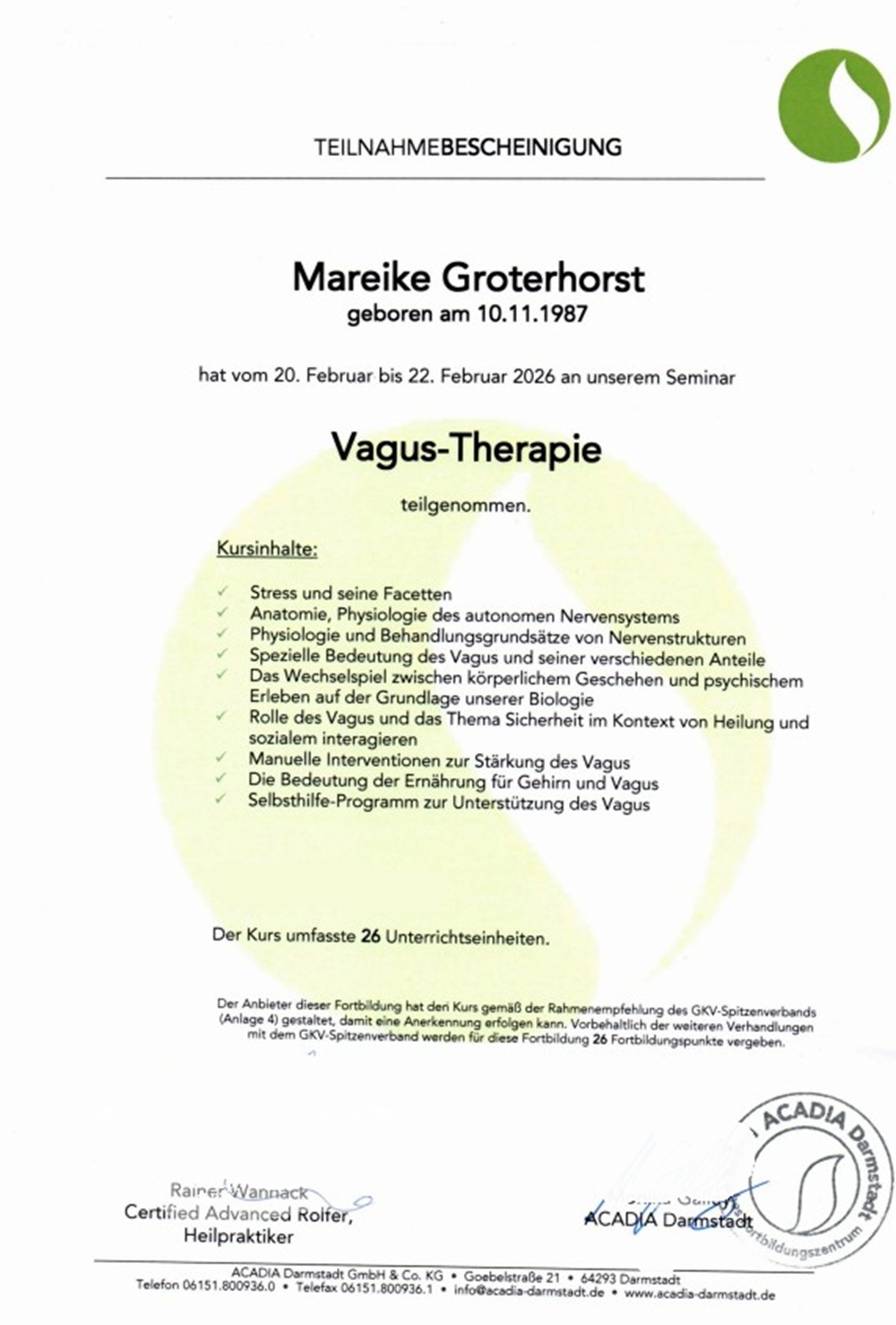Fortbildung Vagus-Therapie - Zum Vergrößern bitte auf das Bild klicken